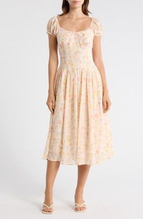 Lush Floral Cap Sleeve Fit & Flare Midi Dress in Apricot Floral at Nordstrom Rack, Size Medium