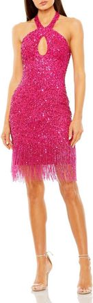 Mac Duggal Cross Front Keyhole Top Beaded Fringe Mini Dress in Magenta at Nordstrom, Size 8