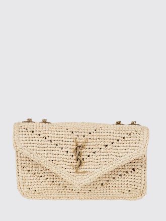 Saint Laurent Borsa LouLou mini in rafia crochet con monogramma YSL metallico