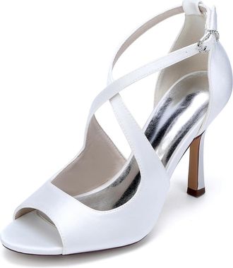 Generic Wedding Bridal Shoes Women Pumps Peep Satin Open Toe Strap Stiletto High Heel Dress Shoes Pumps Office Party Wedding9.5Cm,White,10 UK
