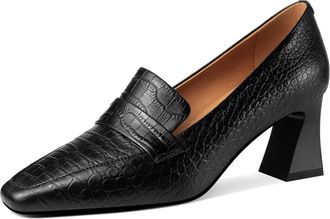 TinaCus Embossed Genuine Leather Handmade Mid Chunky Heels Womens Square Toe Retro Pumps Shoes, Black, 8.5 UK