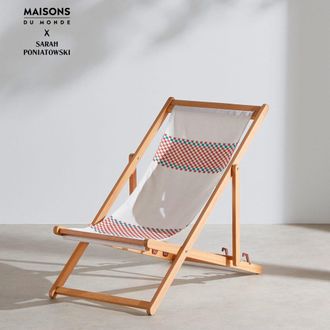 Maisons du monde Silla plegable de madera de eucalipto y tela reciclada de damero teja y azul