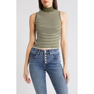 Madewell Stripe Mock Neck Wide Rib Sweater Tank in Desert Olive at Nordstrom Rack, Size Xx-Large