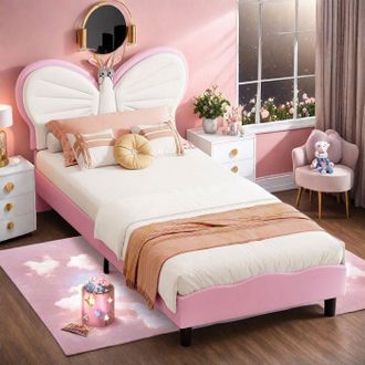 OEM Cama Infantil 90x200 Cabeza Mariposa Terciopelo Rosa - Led - Somier De Lamas Incluido