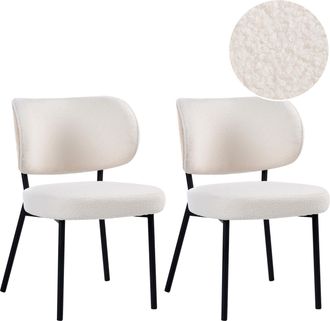 Beliani Conjunto De 2 Sillas De Comedor De Boucl&eacute; Con Patas De Hierro Negras Sin Reposabrazos Tapones Para Las Patas Dise&ntilde;o Minimalista Moderno Blanco Crema W