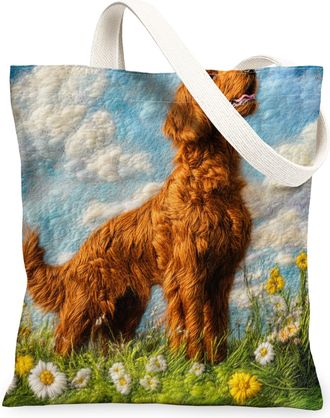 Generic Spring Irish Setter Dog Canvas Tote Bag for Shopping 13x15, Knitting Style Garden Puppy Reusable Grocery Print Pattern Bag for Women, Fun Pet Beach Ae