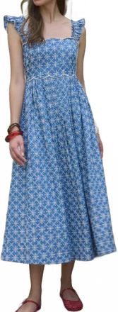 Moon River Embroidered Geo Pattern Scallop Trim Midi Dress In Blue