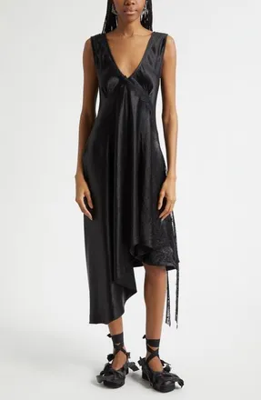 Collina Strada Tulip Asymmetric Lace Trim Satin Dress in Black at Nordstrom, Size X-Small