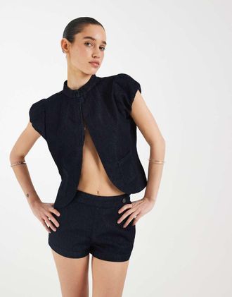 Motel Alnira - Top in denim stile caban indaco in coordinato-Giallo