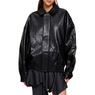 Lioness Kenny Oversize Faux Leather Bomber Jacket in Jet Black at Nordstrom, Size X-Small