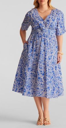 Estelle Dreamaya Floral Front Flap Fit & Flare Midi Dress in Azure at Nordstrom, Size 20W