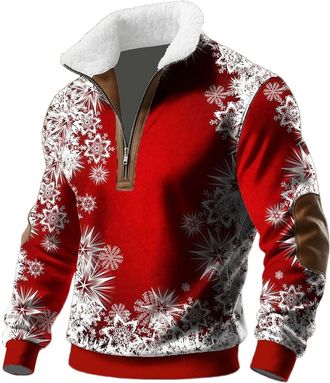 Generic Christmas Jumpers for Men 1/4 Zip Fleece Ugly Christmas Sweatshirt Mens Long Sleeve Snowflakes Printed Xmas Jumper Pullover Winter Thermal Warm Xmas S