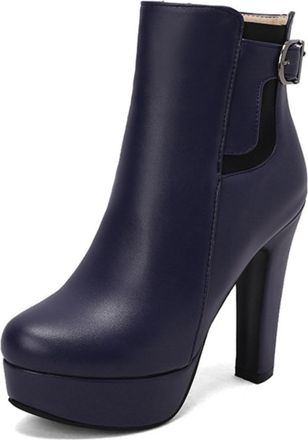 Generic Womens Ankle Boots Metal Buckle Strap Platform Sole Stiletto Heel Side Zip Round Toe Smooth PU Upper Color Block Detail Stylish Durable Design,Blue,6.