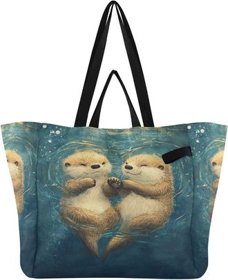 Generic Otter Oange pattern Reusable Canvas Tote Bag, Heavy Duty Grocery Shopping Bag with Hard Bottom Double Handles Large Capacity Work Groceries Travel