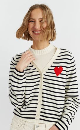 Chinti and Parker Cream-Navy Wool-Cashmere Heart Breton Cardigan