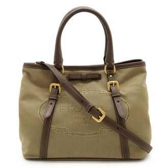 Prada Beige Brown Khaki Canvas Leather Handbag Shoulder Bag Tote Bag (Pre-Owned)