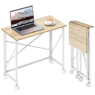 OEM Escritorio Plegable Con Ruedas Y Estructura Resistente Ideal Para Oficina Y Estudio 80x40x75 Cm Natural Y Blanco