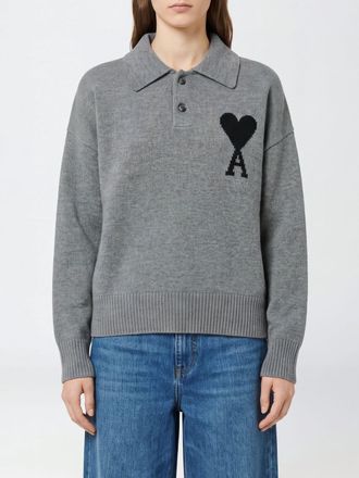 Ami Polo in maglia di lana a maniche lunghe con logo a contrasto