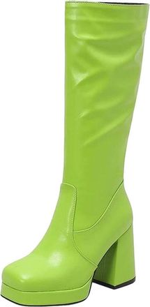 Generic Womens Glossy Patent Leather Knee Boots Square Toe Platform Ultra-High Thick Heel Winter Long Boots