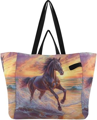Generic Horse Water Orange pattern Reusable Canvas Tote Bag, Heavy Duty Grocery Shopping Bag with Hard Bottom Double Handles Large Capacity Work Groceries Tra