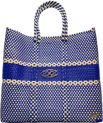 Lola's Bag Womens Medium Woven Regular Strap Tote Bag In Blue/beige
