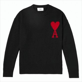 Ami Black Wool Sweater With Red Heart Design