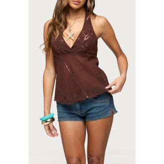 Edikted Beaded Sequin Halter Chiffon Top in Brown at Nordstrom, Size X-Small