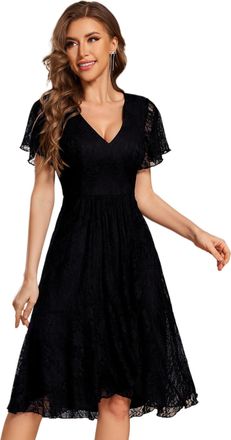 Ever-pretty Ruffled Short Sleeves V-Neck A-Line Midi Lace Wedding Guest Dress for Mother Black 18UK