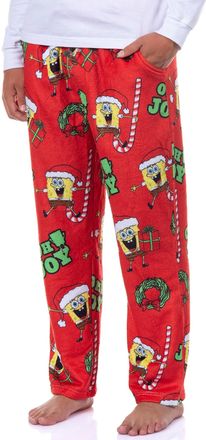 Intimo SpongeBob SquarePants Pajamas Mens Oh Joy Santa Hat Fleece Lounge Pj Pants, Red, S
