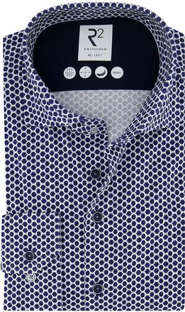 R2 Overhemd R2 Amsterdam donkerblauw geprint jersey katoen