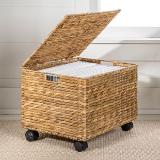 Happimess Ashton Classic Farmhouse Handwoven Hyacinth Rolling Filing Basket with Lid and 360 Degree Lockable Wheels