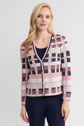 Ming Wang Heritage Jacquard Colorblock Knit Cardigan in Sunkist Coral/indigo/tan at Nordstrom, Size X-Large