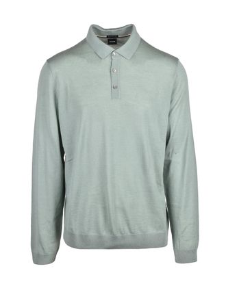 BOSS Sage Green Virgin Wool Long-Sleeve Polo Shirt