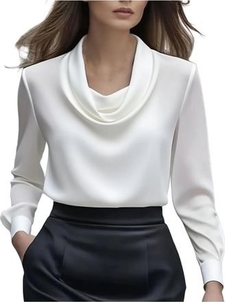 Generic GMQWRK Satin Cowl Neck Blouse for Women UK Elegant Silky Long Sleeve Tops with Ruched Front Design Stylish Satiny Pullover Shirt Ladies Silk Blouses B