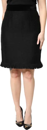 Dolce & Gabbana Black Wool Fringe High Waist Pencil Mini Womens Skirt