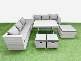 Fimous 9-seater Patio Rectangular Table 3 Seater Sofa Set with 3 Stools in Light Grey
