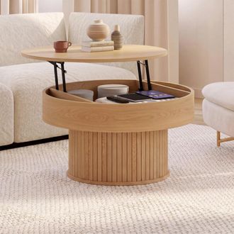 IDMarket Juliette Mesa De Centro Redonda Elevable De 70 Cm Con Listones De Madera Color Roble