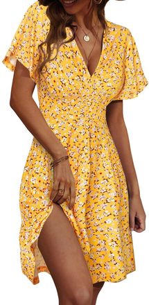 Generic Summer Dress for Women UK 2025, Short Sleeve with Pockets, Sundress for Casual Outings, A-Line, High Waist, Coverup Yellow