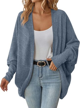 Generic Cozy Cardigans for Women Long Sleeve Plus Size Bat Sleeve Ribbed Open Front Knit Jumpers Sweaters for Autumn Winter (Blue, L)