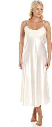 Camille Womens Luxury Long Plain Satin Chemise - Ladies Thin Strap Lace Lightweight Nightdress - Comfortable & Breathable Summer Nightwear Cream 10-12