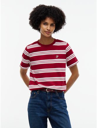 Tommy Hilfiger Womens Boxy Fit Striped Heavyweight T-Shirt - Stripe Raspberry - XL