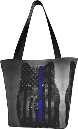 AOOEDM Blue Thin Line Wolf Reusable Grocery Bag Shopping Bag Casual Shoulder Bag Handbag for Men Women ECO Market Bag Beach Bag Travel Totes