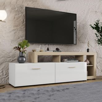 Dmora Mueble Porta Tv Casola, 5 Estantes, 2 Puertas, Con Patas, 189x42x61h Cm Blanco Mate