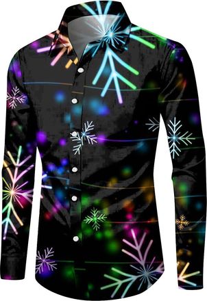Generic Christmas Shirts for Men Funny Santa Claus Xmas Tree Reindeer Print Long Sleeve Button Down Shirts Mens Christmas Shirt for Party Ugly Xmas Shirt Holi
