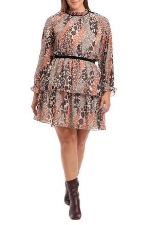 Maggy London Animal Print Tiered Long Sleeve Dress in Ivory Mocha at Nordstrom Rack, Size 16W