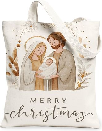 Generic Christmas Family Canvas Tote Bags, Holiday Art Design Reusable Grocery Bags, Vintage Lightweight Washable Shoulder Strap Ca, White, 13x15 Inch