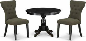 East West Furniture HBGA3-ABK-50 3 Piece Dining Table Set - Black Wood Table and 2 Dark Gotham Grey Linen Fabric Dining Chairs Button Tufted Back with Nail Heads - Wire B