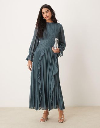 Asos high neck ruched belt detail maxi dress in dark slate-Blue