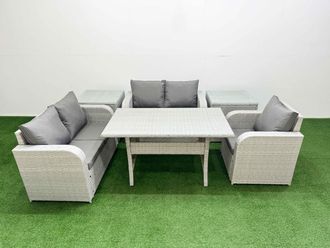 Fimous High Back Poly Rattan Garden Furniture Set w/ Reclining Chair Loveseat Sofa Rectangular Dining Table Indoor Outdoor Patio Set 2 Side Table