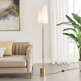 Furniturebox Astrid Boho Rattan Floor Lamp With White Shade & Brass Base in Gold